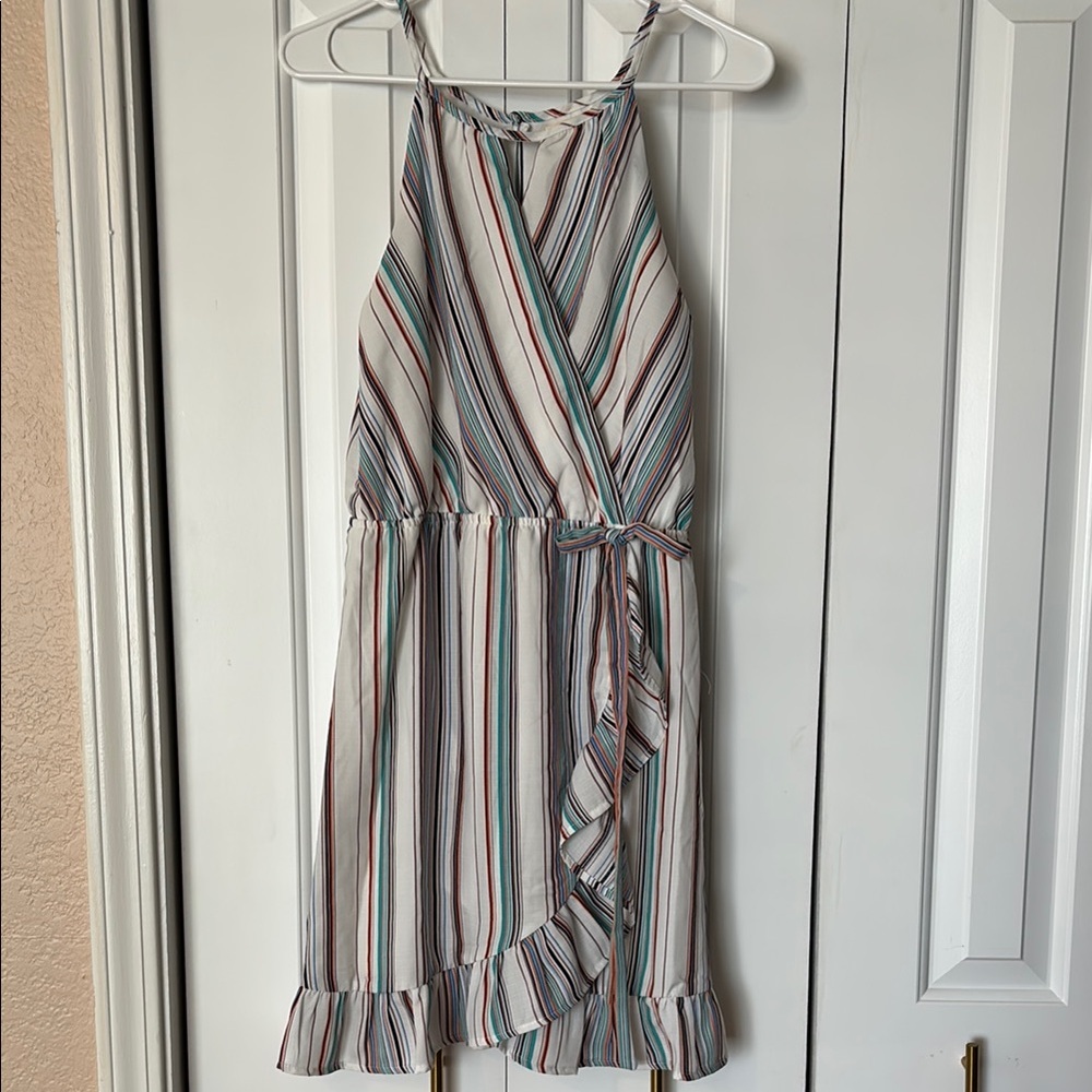 White and Blue Asymmetrical Wrap Sundress